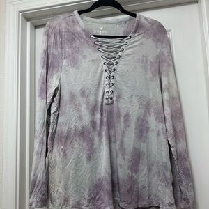American Eagle Outfitters Purple and Gray Tie-Dye Lace-Up Top